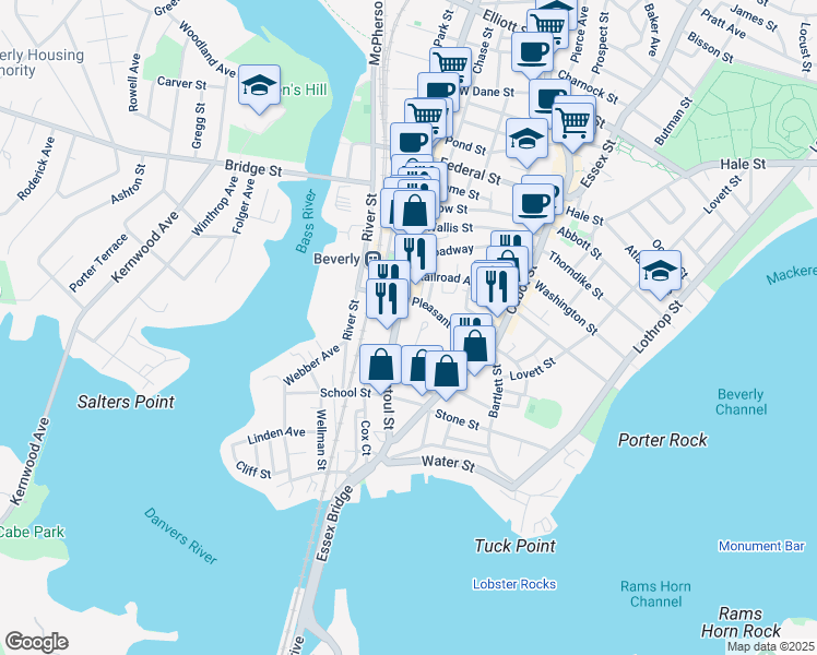 map of restaurants, bars, coffee shops, grocery stores, and more near 46 Pleasant Street in Beverly