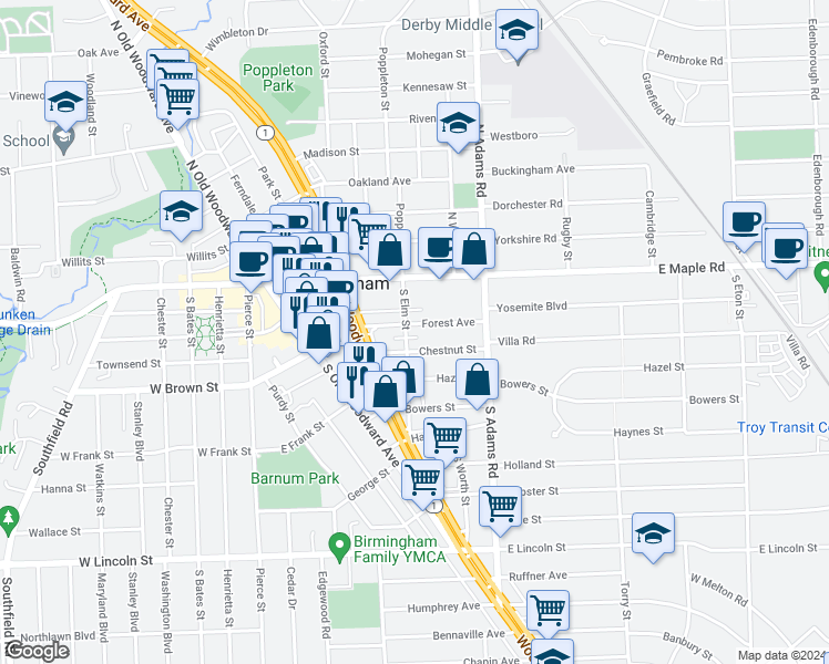 map of restaurants, bars, coffee shops, grocery stores, and more near 887 Forest Avenue in Birmingham