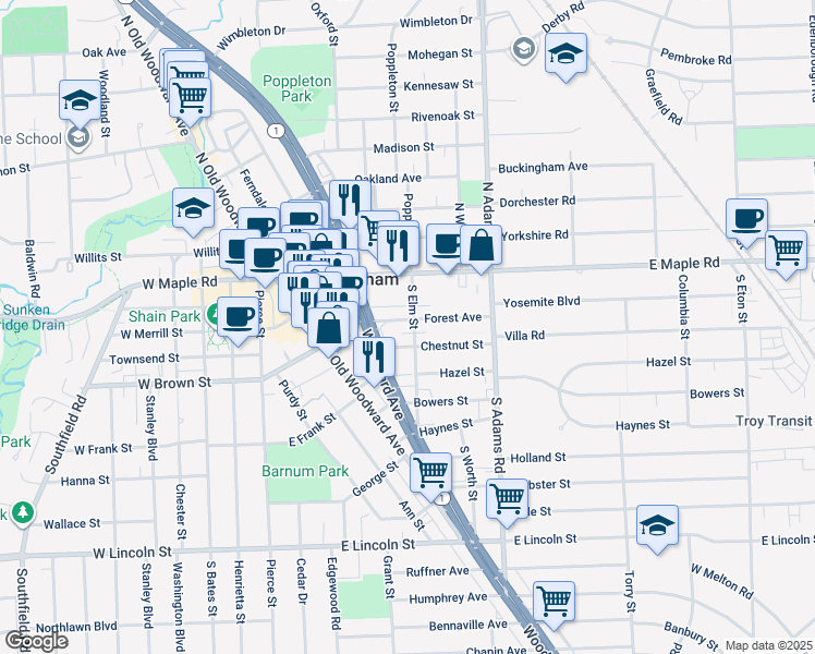 map of restaurants, bars, coffee shops, grocery stores, and more near in Birmingham
