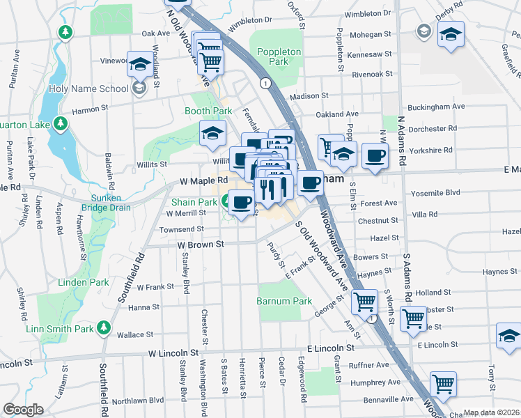 map of restaurants, bars, coffee shops, grocery stores, and more near 162 South Old Woodward Avenue in Birmingham
