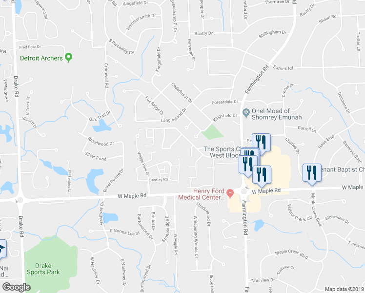 map of restaurants, bars, coffee shops, grocery stores, and more near 5149 Kingsfield Court in West Bloomfield Township