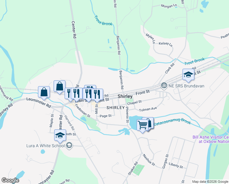 map of restaurants, bars, coffee shops, grocery stores, and more near 8 Benjamin Road in Shirley
