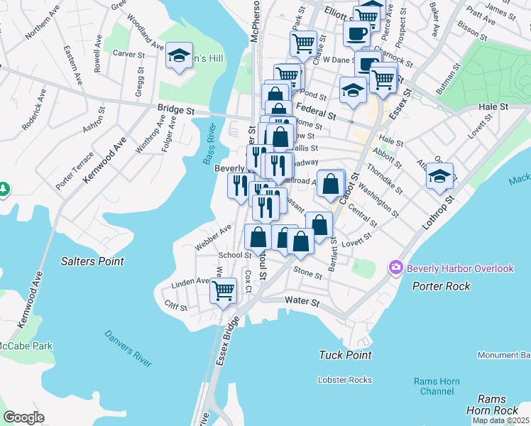 map of restaurants, bars, coffee shops, grocery stores, and more near 110 Rantoul Street in Beverly