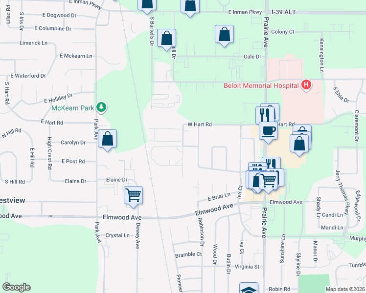 map of restaurants, bars, coffee shops, grocery stores, and more near 2777 Kadlec Drive in Beloit