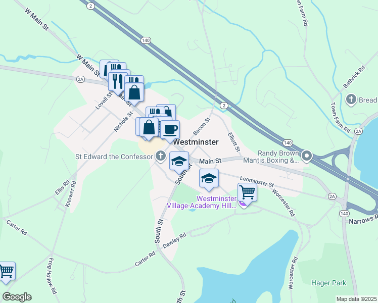 map of restaurants, bars, coffee shops, grocery stores, and more near 134 Main Street in Westminster