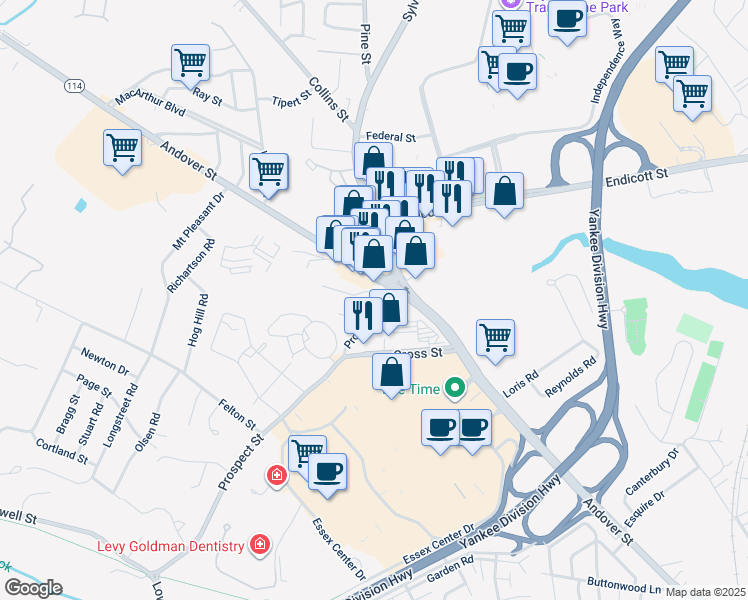 map of restaurants, bars, coffee shops, grocery stores, and more near 10 Sylvan Street in Peabody