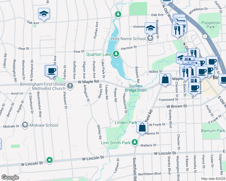 map of restaurants, bars, coffee shops, grocery stores, and more near 1158 West Maple Road in Birmingham