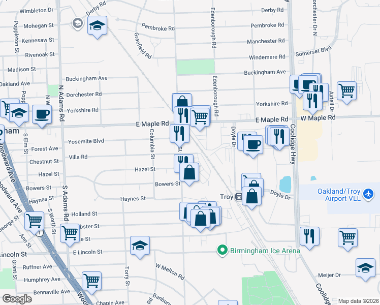 map of restaurants, bars, coffee shops, grocery stores, and more near 2100 East Maple Road in Birmingham