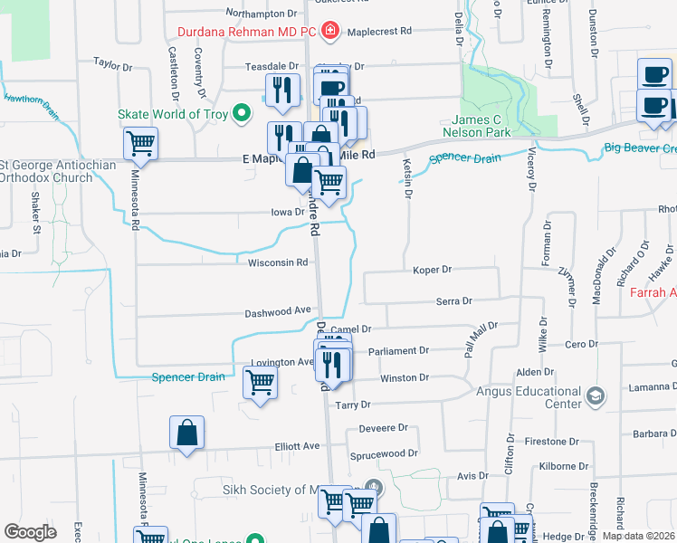 map of restaurants, bars, coffee shops, grocery stores, and more near 34400 Dequindre Road in Sterling Heights