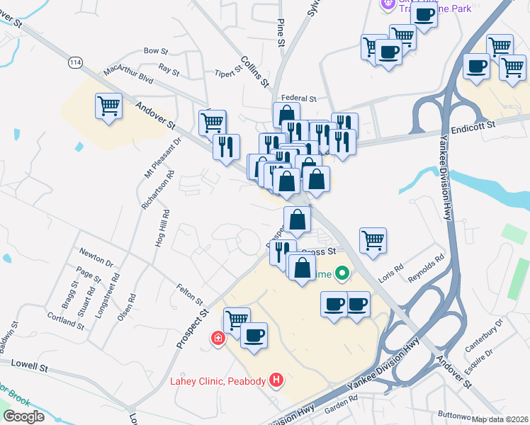 map of restaurants, bars, coffee shops, grocery stores, and more near 240 Andover Street in Peabody