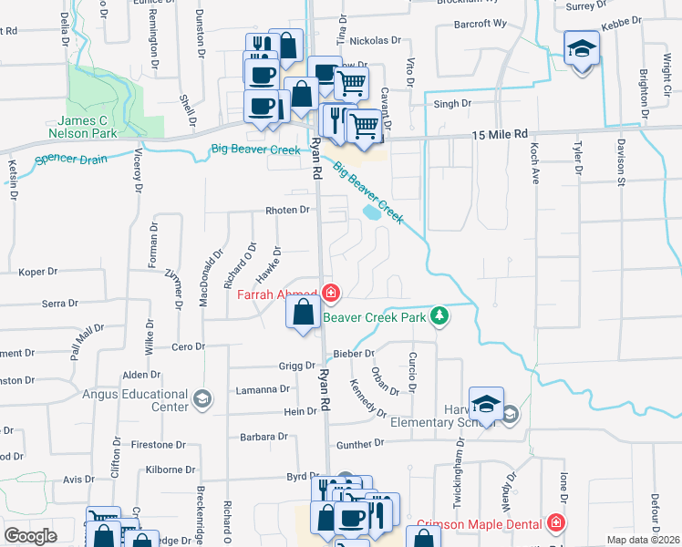 map of restaurants, bars, coffee shops, grocery stores, and more near 34411 Sea Oats Drive in Sterling Heights