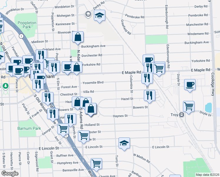 map of restaurants, bars, coffee shops, grocery stores, and more near 1498 Yosemite Boulevard in Birmingham