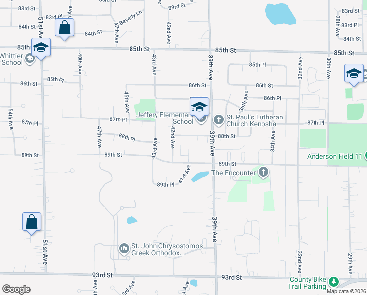 map of restaurants, bars, coffee shops, grocery stores, and more near 4027 88th Street in Kenosha