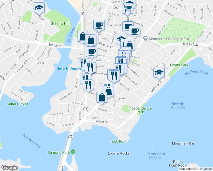 map of restaurants, bars, coffee shops, grocery stores, and more near 10-12 Moulton Court in Beverly