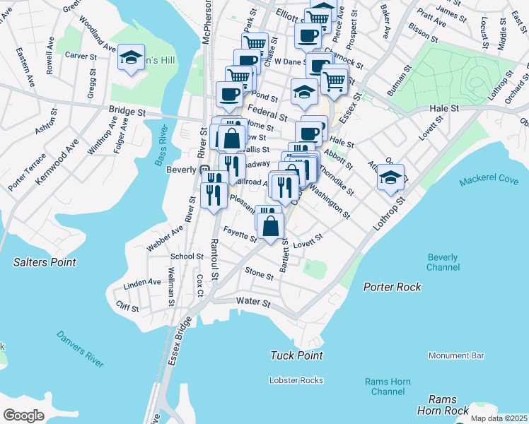 map of restaurants, bars, coffee shops, grocery stores, and more near 10-12 Moulton Court in Beverly