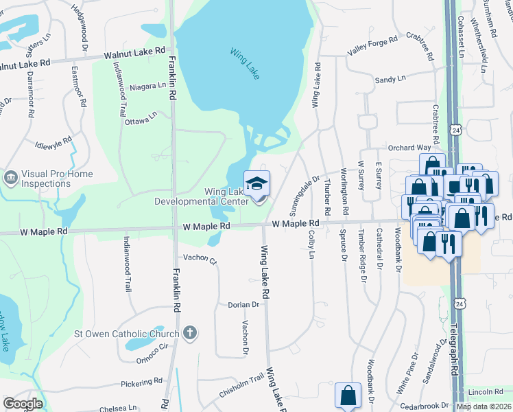map of restaurants, bars, coffee shops, grocery stores, and more near 6405 Navajo Court in Bloomfield Hills