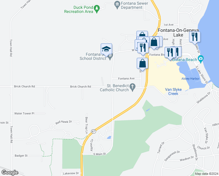 map of restaurants, bars, coffee shops, grocery stores, and more near 208 Dewey Avenue in Fontana-on-Geneva Lake