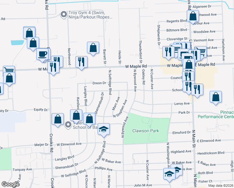 map of restaurants, bars, coffee shops, grocery stores, and more near 758 School Street in Clawson