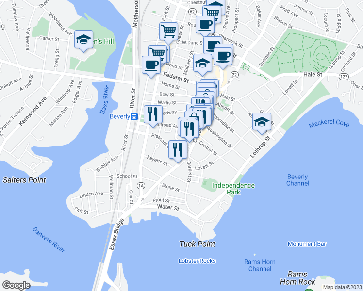 map of restaurants, bars, coffee shops, grocery stores, and more near 6 Highland Avenue in Beverly