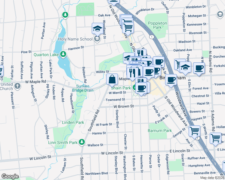 map of restaurants, bars, coffee shops, grocery stores, and more near 101 Southfield Road in Birmingham