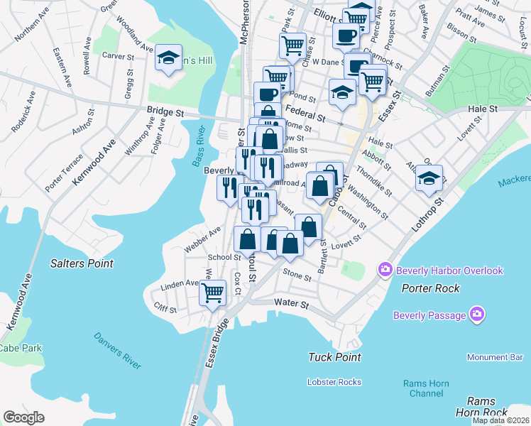 map of restaurants, bars, coffee shops, grocery stores, and more near 101 Rantoul Street in Beverly
