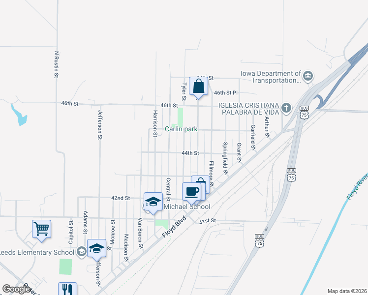 map of restaurants, bars, coffee shops, grocery stores, and more near 4400-4498 Tyler St in Sioux City