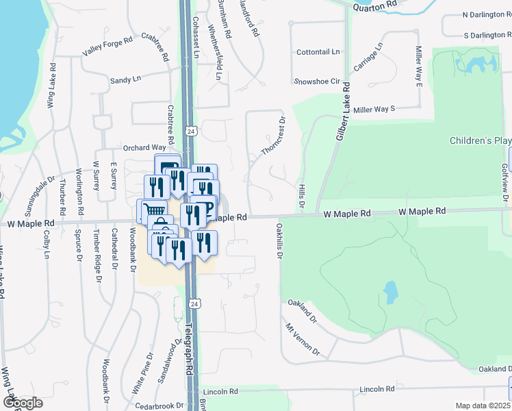 map of restaurants, bars, coffee shops, grocery stores, and more near 6422 Thorncrest Drive in Bloomfield Hills