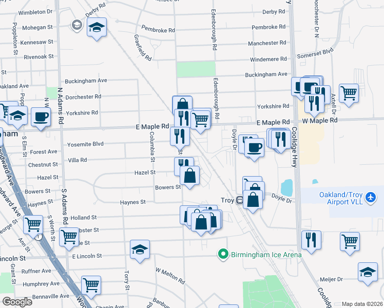 map of restaurants, bars, coffee shops, grocery stores, and more near 2100 East Maple Road in Birmingham