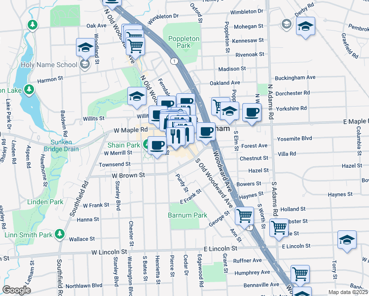 map of restaurants, bars, coffee shops, grocery stores, and more near 200 South Old Woodward Avenue in Birmingham