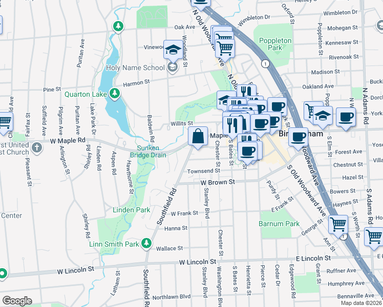 map of restaurants, bars, coffee shops, grocery stores, and more near 101 Southfield Road in Birmingham