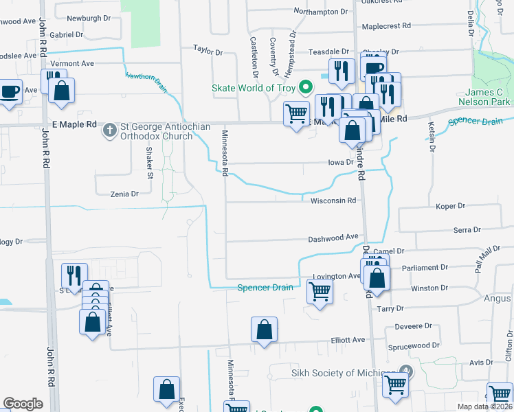 map of restaurants, bars, coffee shops, grocery stores, and more near 2731 Wisconsin Road in Troy