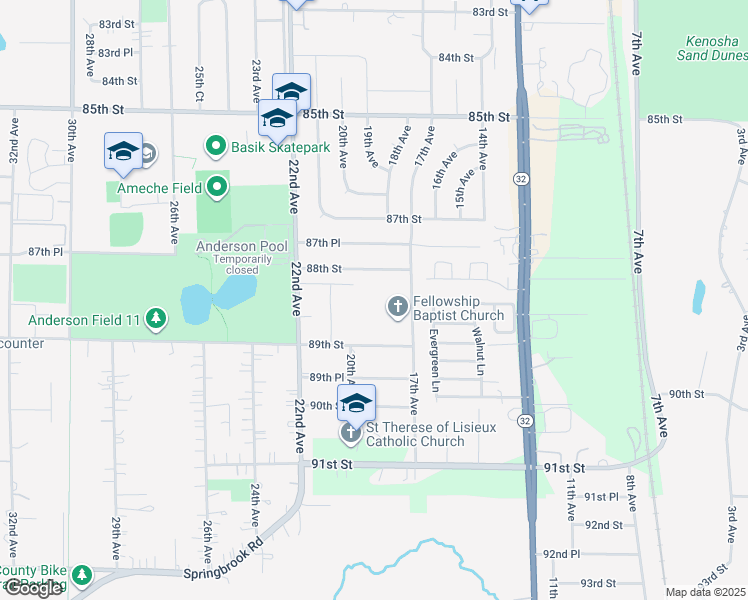 map of restaurants, bars, coffee shops, grocery stores, and more near 1808 89th Street in Kenosha
