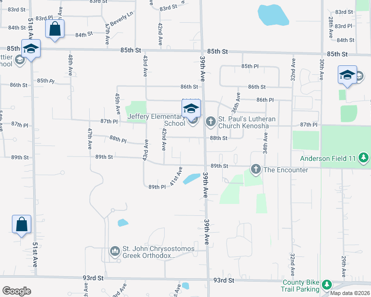 map of restaurants, bars, coffee shops, grocery stores, and more near 4027 88th Street in Kenosha