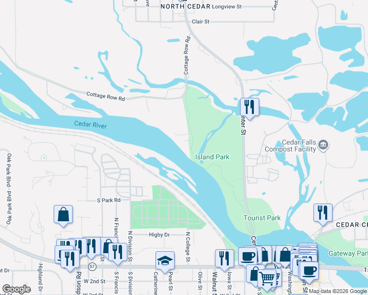 map of restaurants, bars, coffee shops, grocery stores, and more near 906 Cottage Row Lane in Cedar Falls