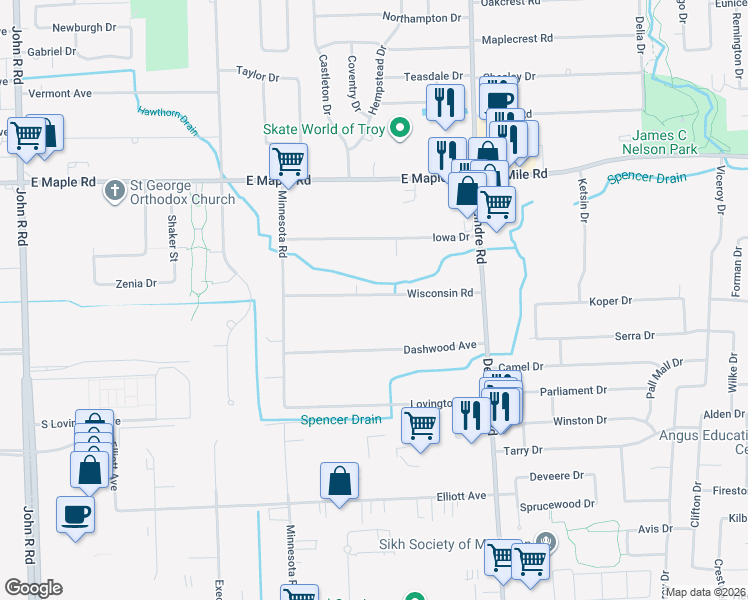 map of restaurants, bars, coffee shops, grocery stores, and more near 2801 Wisconsin Road in Troy