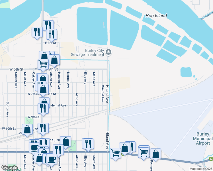 map of restaurants, bars, coffee shops, grocery stores, and more near 554 Hiland Avenue in Burley