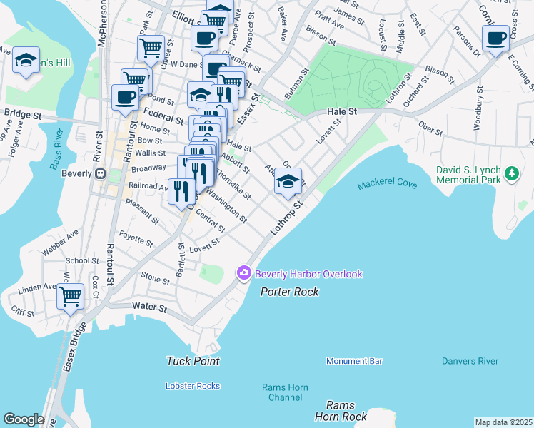 map of restaurants, bars, coffee shops, grocery stores, and more near 43 Abbott Street in Beverly