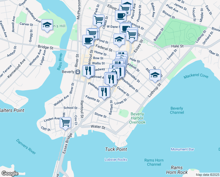 map of restaurants, bars, coffee shops, grocery stores, and more near 9 Highland Terrace in Beverly