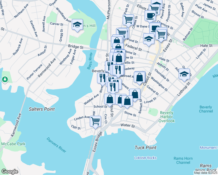 map of restaurants, bars, coffee shops, grocery stores, and more near 62 Pleasant Street in Beverly