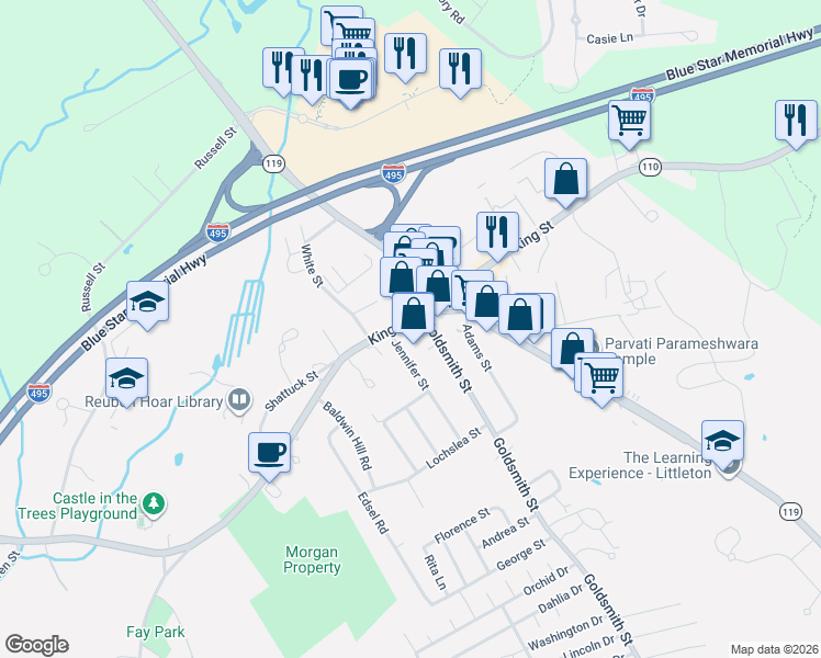 map of restaurants, bars, coffee shops, grocery stores, and more near 460 King Street in Littleton