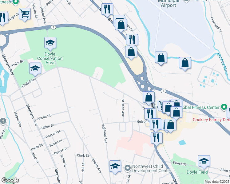 map of restaurants, bars, coffee shops, grocery stores, and more near 126 Lindell Avenue in Leominster
