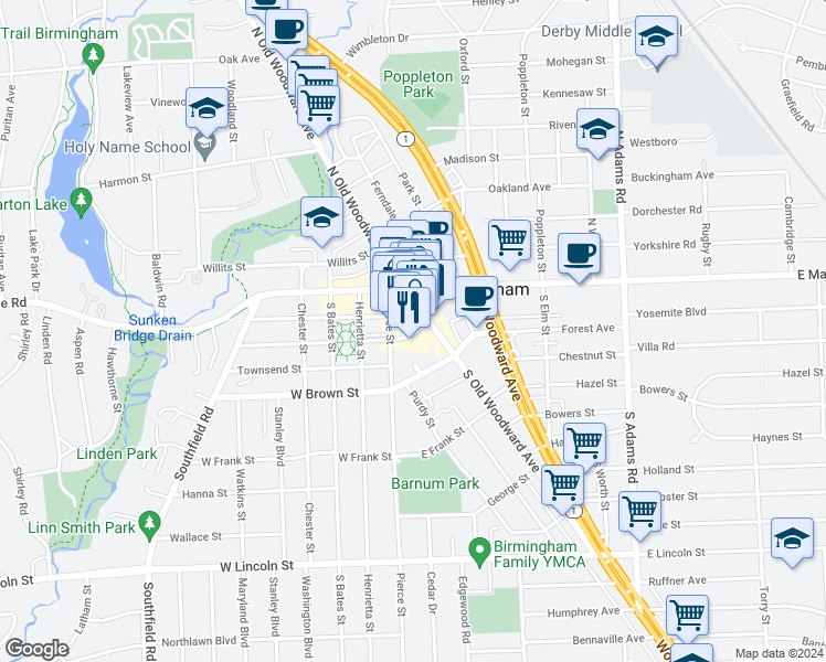 map of restaurants, bars, coffee shops, grocery stores, and more near 200 South Old Woodward Avenue in Birmingham