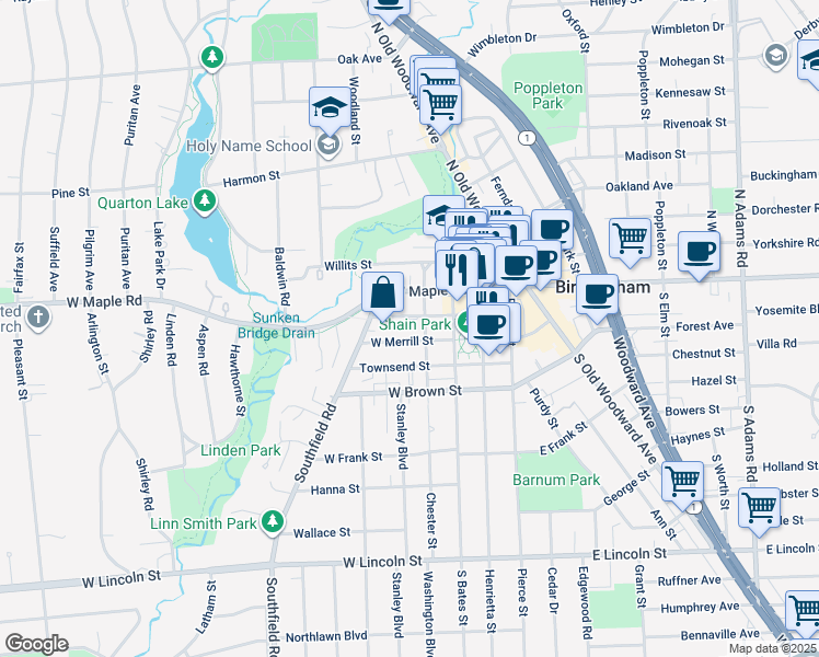 map of restaurants, bars, coffee shops, grocery stores, and more near 141 Chester Street in Birmingham