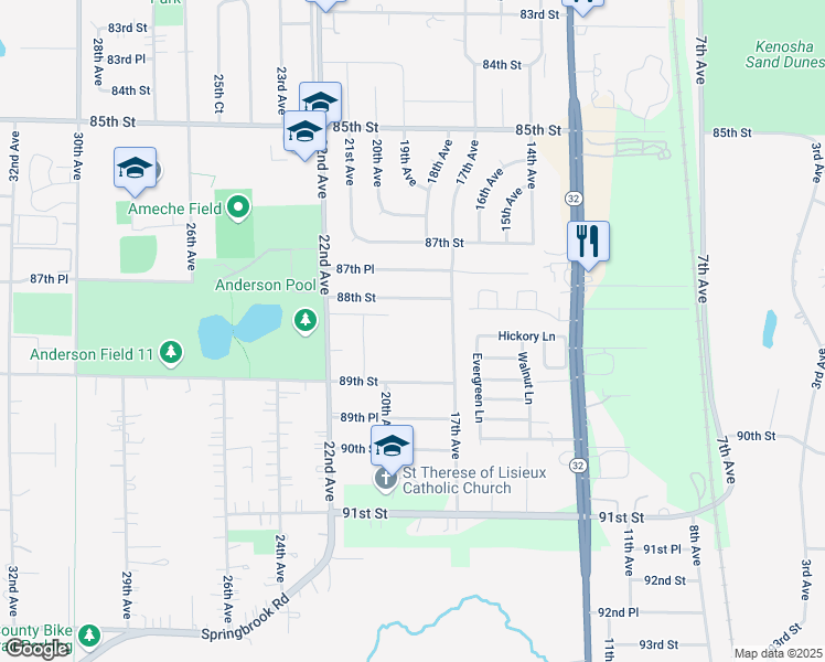 map of restaurants, bars, coffee shops, grocery stores, and more near 1803 88th Street in Kenosha
