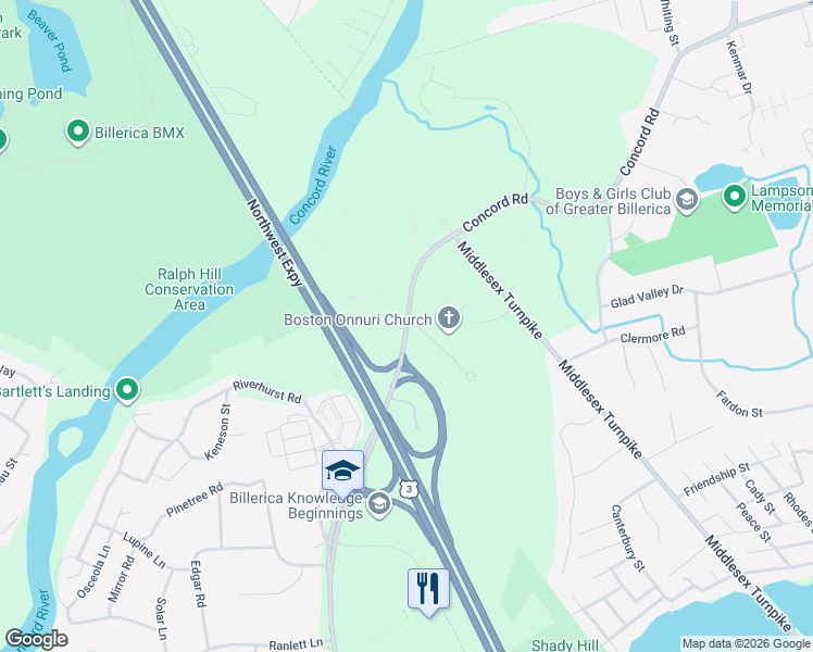 map of restaurants, bars, coffee shops, grocery stores, and more near 2 Federal Street in Billerica