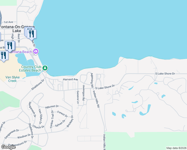 map of restaurants, bars, coffee shops, grocery stores, and more near 572 Middleton Drive in Fontana-on-Geneva Lake