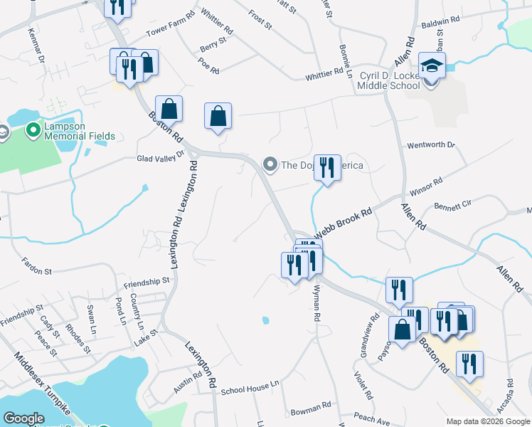 map of restaurants, bars, coffee shops, grocery stores, and more near 3 Locke Road in Billerica