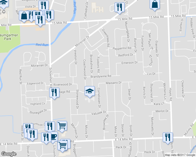 map of restaurants, bars, coffee shops, grocery stores, and more near 14240 Brandywine Road in Sterling Heights