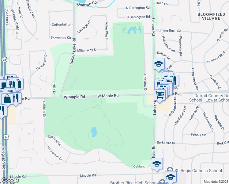 map of restaurants, bars, coffee shops, grocery stores, and more near 3816 West Maple Road in Bloomfield Hills