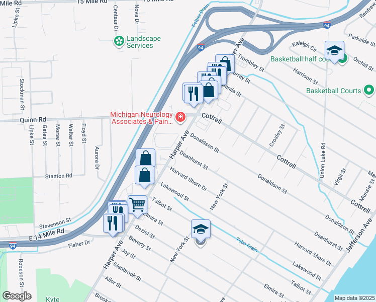 map of restaurants, bars, coffee shops, grocery stores, and more near 33900 Harper Avenue in Clinton Township